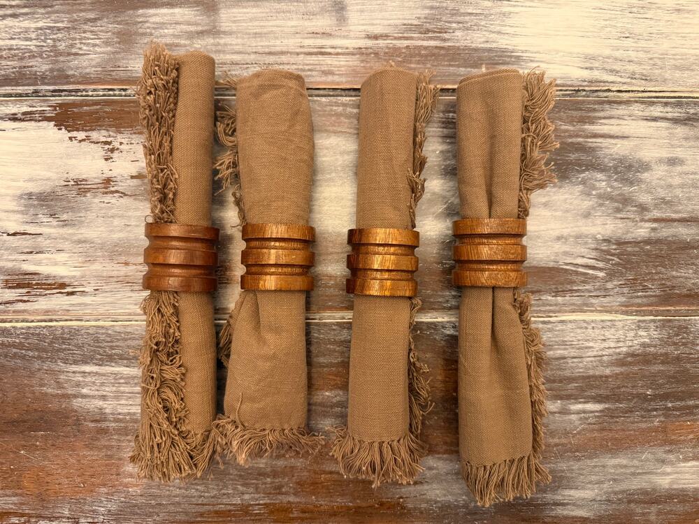 Brown Fringed Cloth Napkins with Wooden Napkin Rings Set of 4